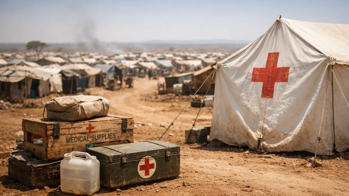 Weathered medical supply crates and a white relief tent in a dusty refugee camp, illustrating the delayed humanitarian aid and ongoing crisis in Sudan.