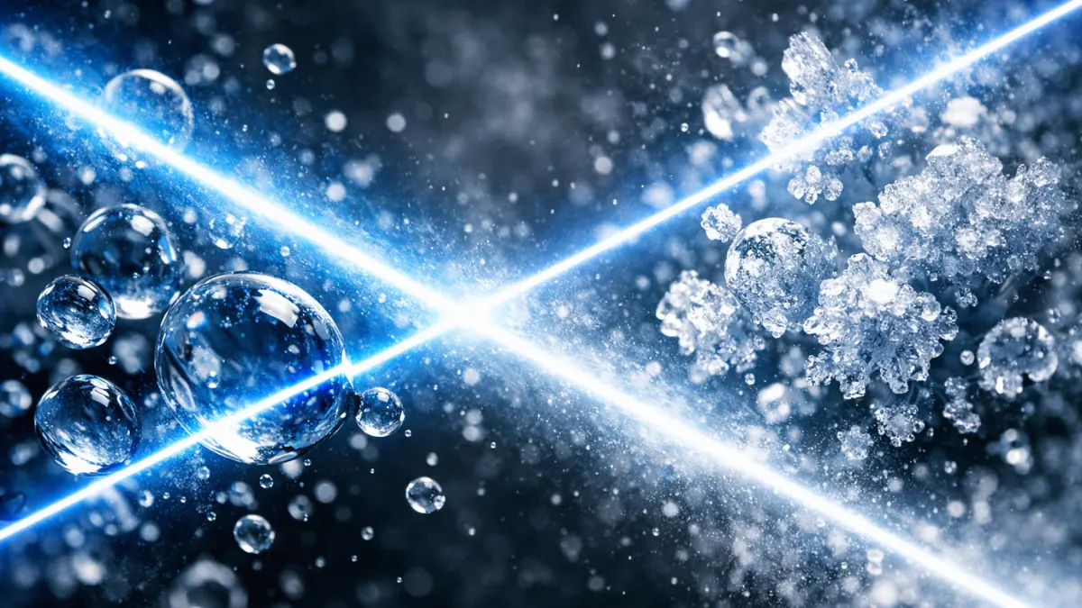 Abstract visualization of supercooled water molecules illuminated by bright X-ray laser beams against a dark background.