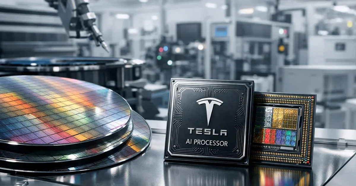 Advanced semiconductor wafers and AI chips inside a modern chip fabrication facility representing Tesla’s Terafab project.