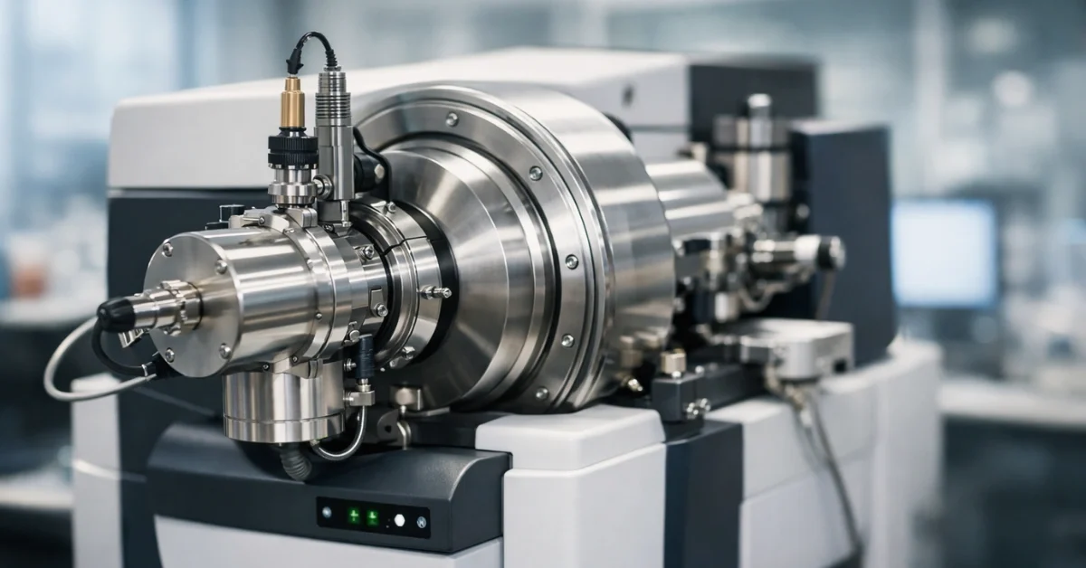 A sophisticated mass spectrometer in a modern scientific laboratory used to detect unstable tetroxide molecules.
