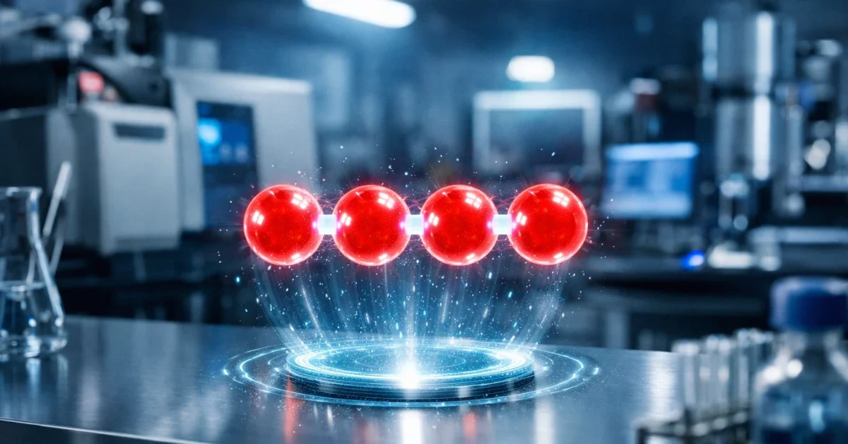 A high-tech laboratory setting featuring a glowing conceptual model of a tetroxide molecule hovering above a lab bench with mass spectrometry equipment in the background.