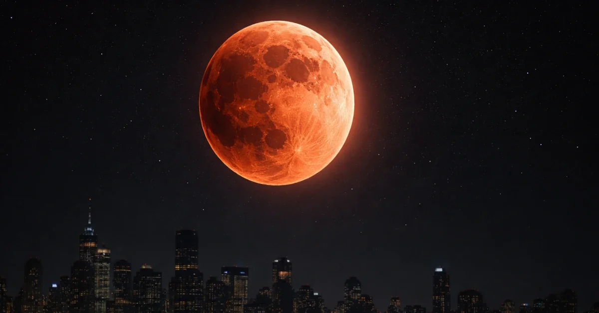A deep copper-red Blood Moon illuminates the night sky over a darkened modern city skyline during a total lunar eclipse.