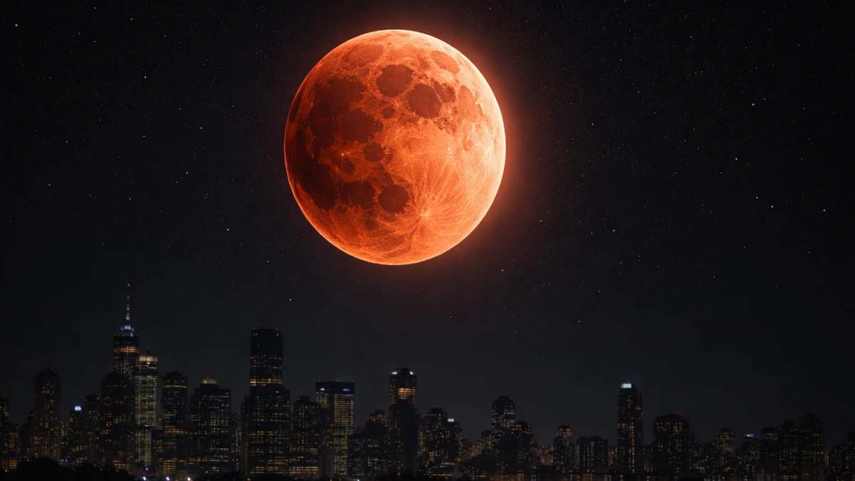 A deep copper-red Blood Moon illuminates the night sky over a darkened modern city skyline during a total lunar eclipse.