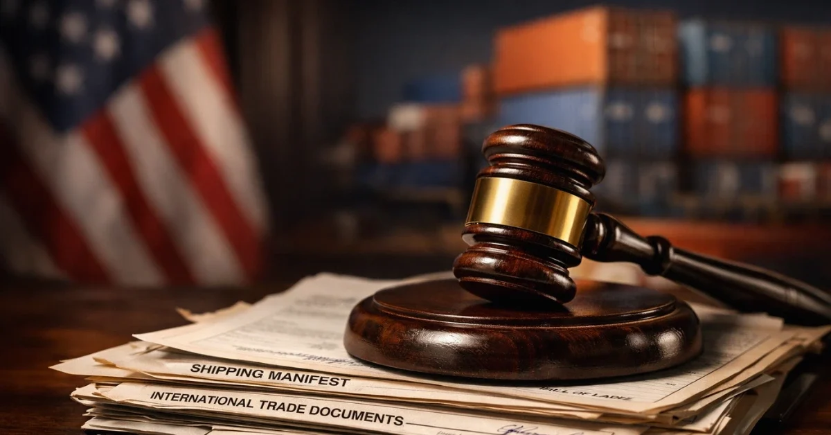 A wooden gavel resting on international trade documents with out-of-focus cargo containers and a US flag in the background, representing the Supreme Court ruling on global tariffs.