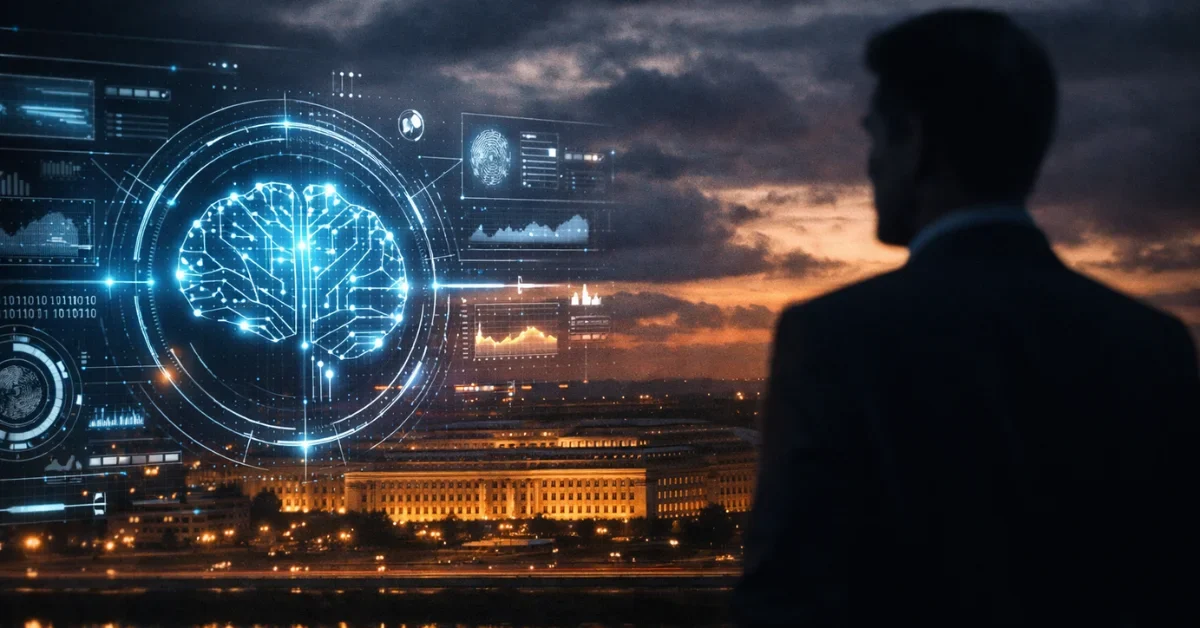 A glowing digital artificial intelligence interface in front of the Pentagon building at dusk.
