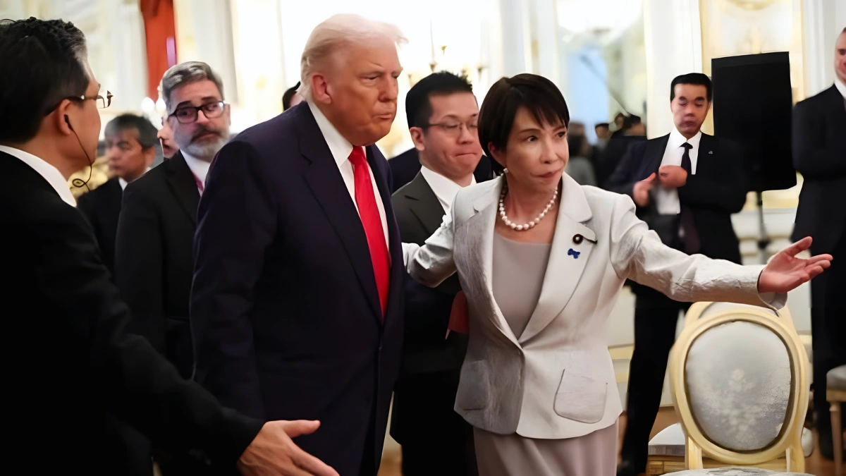 US President and Japanese Prime Minister seated in the Oval Office during a tense diplomatic meeting with formal lighting and decor.