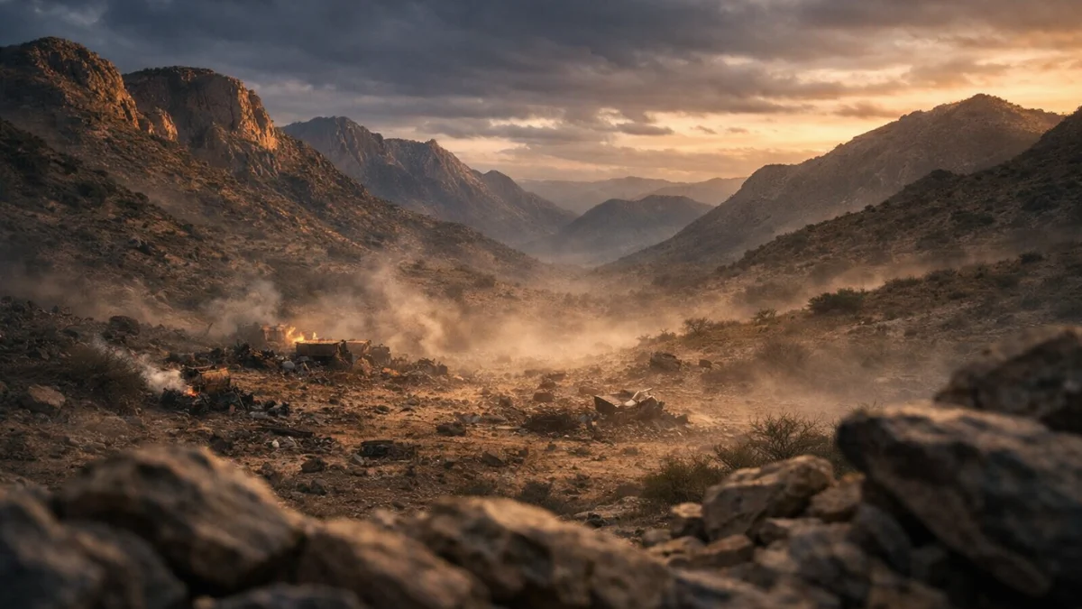 Rugged, dusty mountain terrain in Somalia under dawn lighting, representing the remote locations of recent military operations.