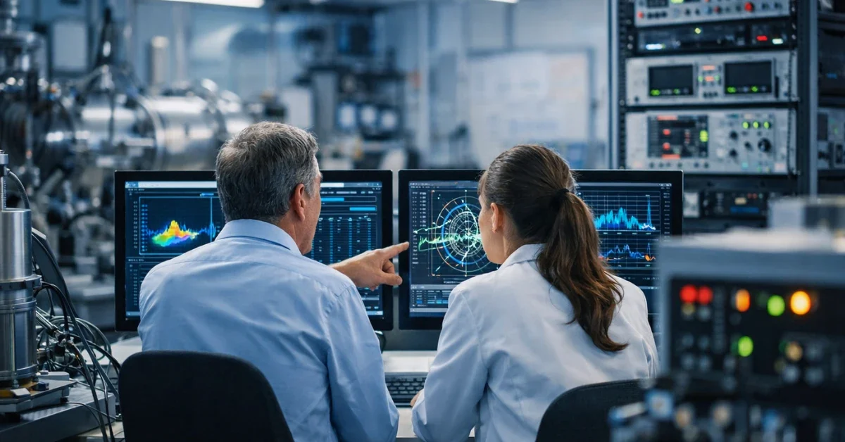 Researchers in a modern physics laboratory looking at scientific data on large monitors beside lab equipment.