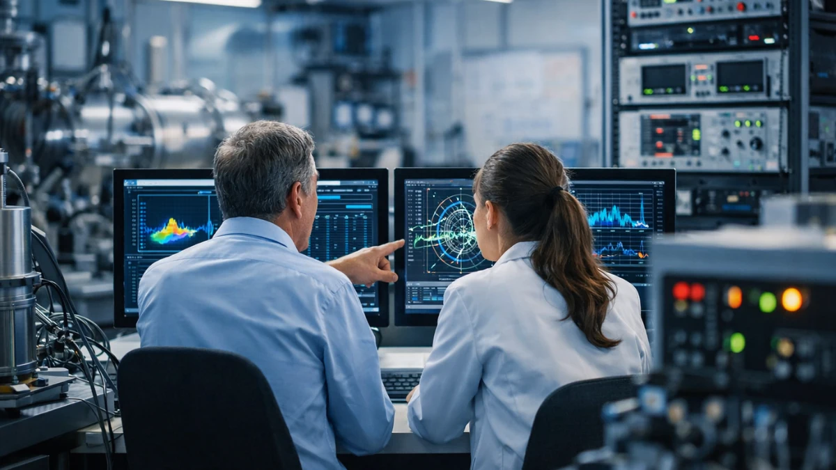 Researchers in a modern physics laboratory looking at scientific data on large monitors beside lab equipment.