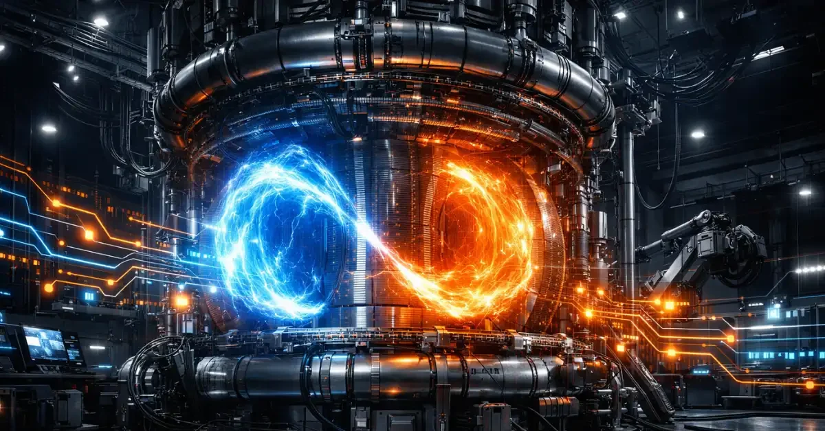 A futuristic fusion energy reactor integrated with glowing quantum computing circuitry, representing the UK's advanced technology investments.