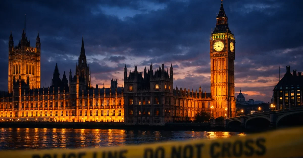 Houses of Parliament in London at dusk with police cordon tape in the foreground, representing the UK China spying arrests investigation