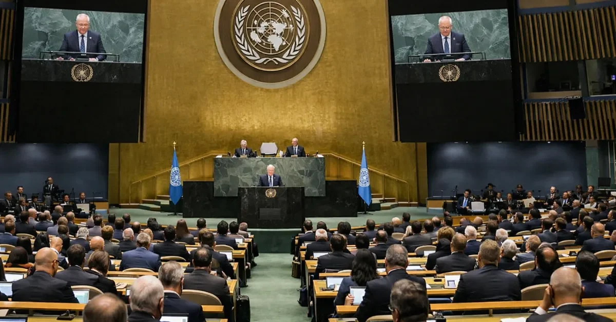 Wide view of delegates seated in the UN General Assembly hall during a formal session