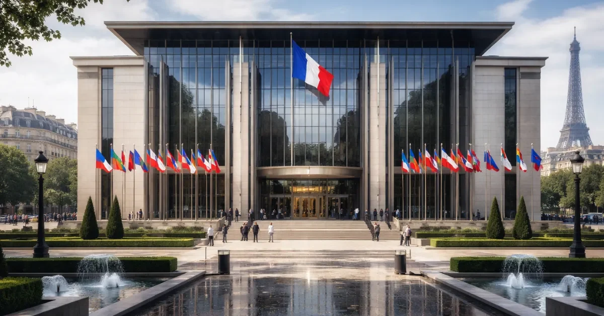 A professional, hyper-realistic view of an international diplomatic building in Paris where trade negotiations are taking place.