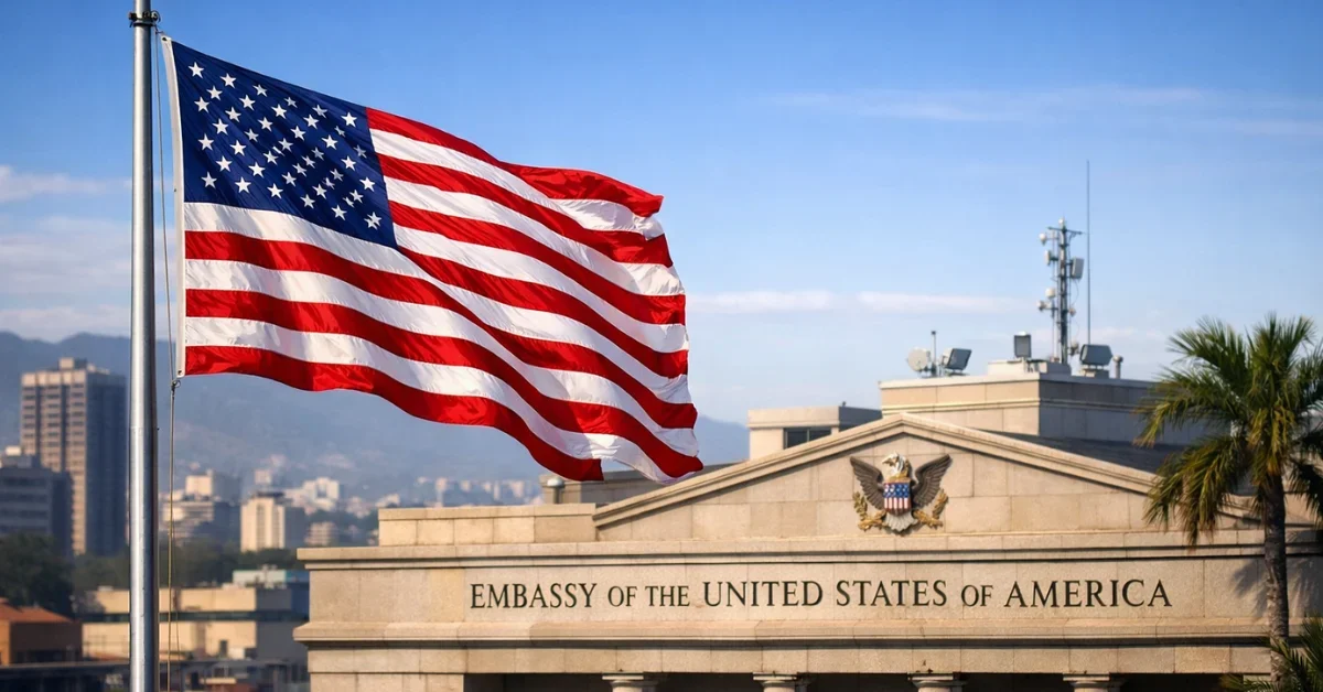 The American flag flying over the recently reopened United States Embassy building in Caracas, Venezuela during a clear day.
