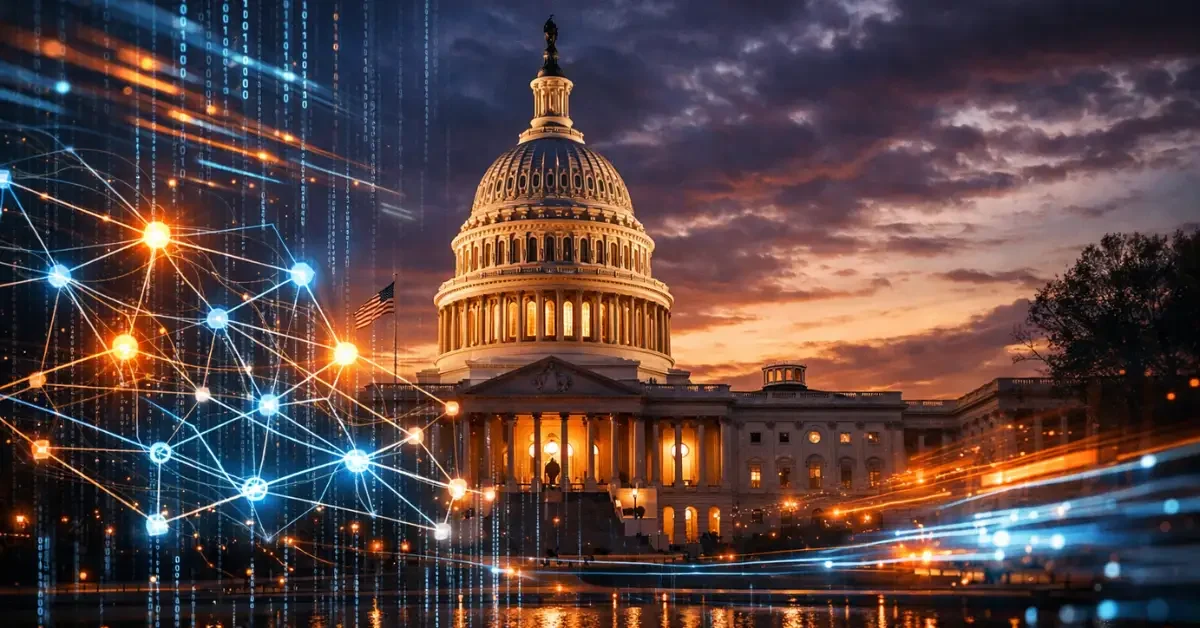 The US Capitol building illuminated at twilight with digital data streams representing artificial intelligence networks.