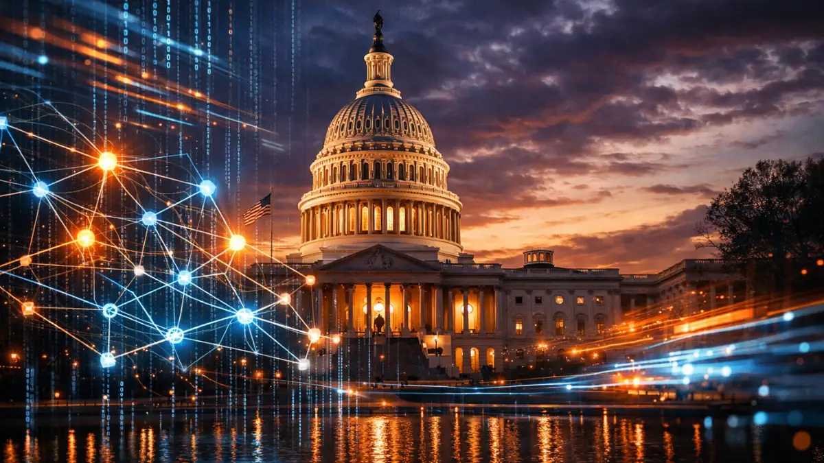 The US Capitol building illuminated at twilight with digital data streams representing artificial intelligence networks.