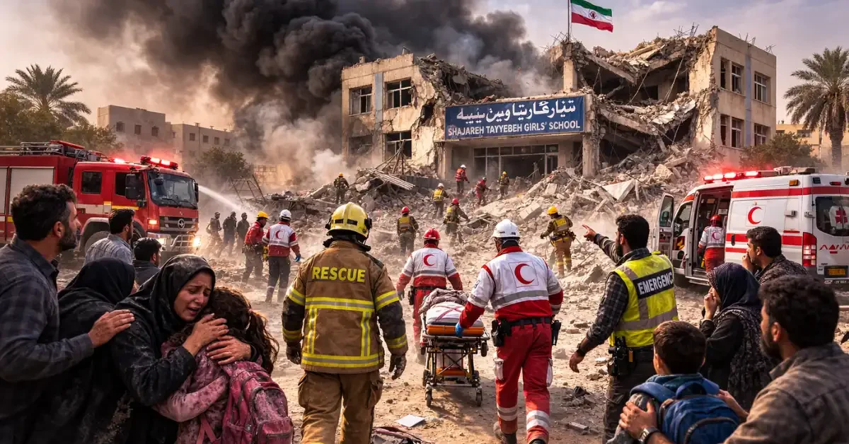 First responders and civilians gather in Minab, Iran, as heavy smoke rises from the partially destroyed Shajareh Tayyebeh girls' school following a devastating strike.