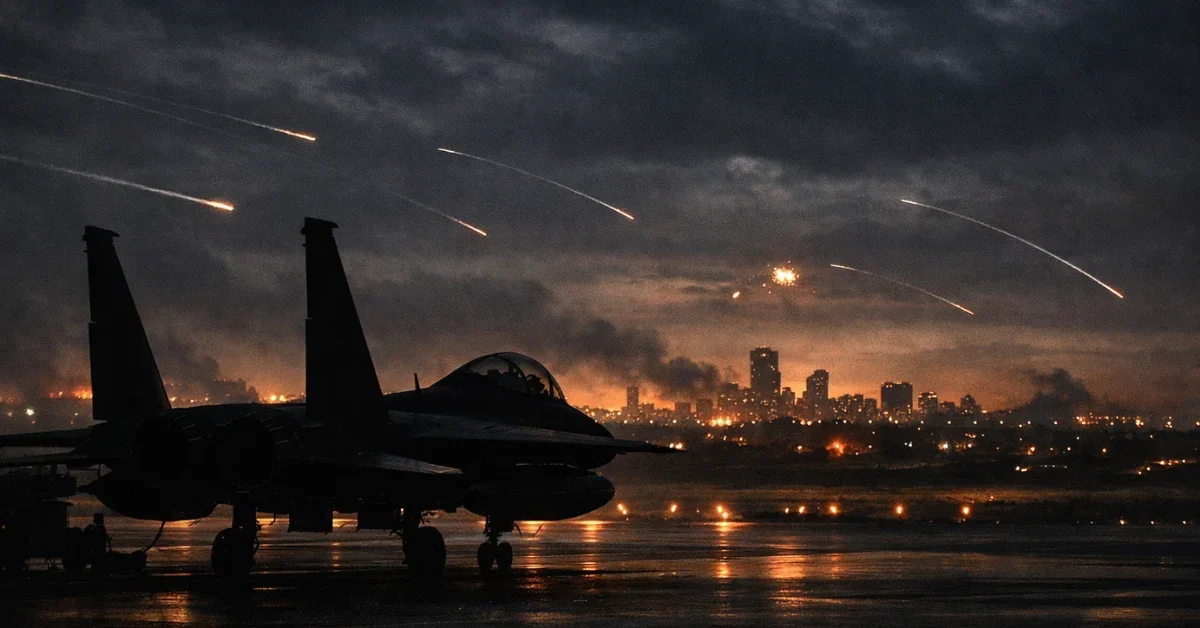 A dark silhouette of a military fighter jet on a dimly lit tarmac with a distant illuminated city skyline in the background, representing the escalating US-Iran war.