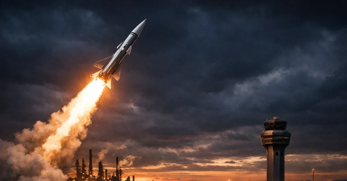 A military interceptor missile launching into a dramatic twilight sky with industrial silhouettes in the background.