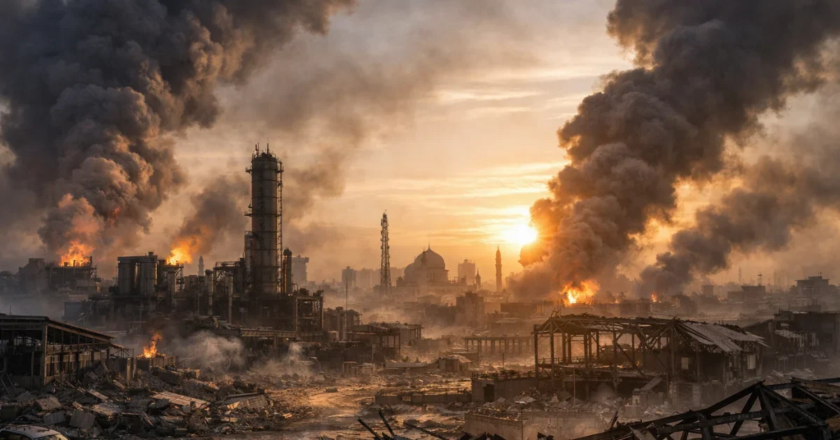 Plumes of dark smoke rise above damaged infrastructure in a Middle Eastern city following intense military airstrikes at dawn.
