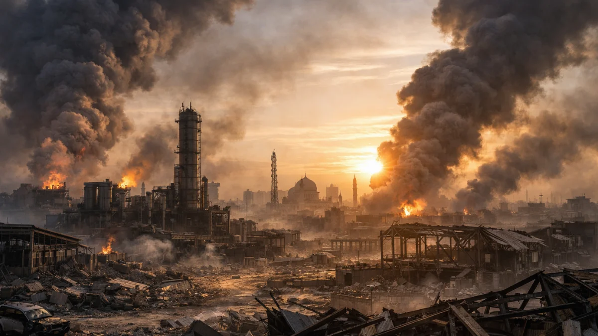 Plumes of dark smoke rise above damaged infrastructure in a Middle Eastern city following intense military airstrikes at dawn.