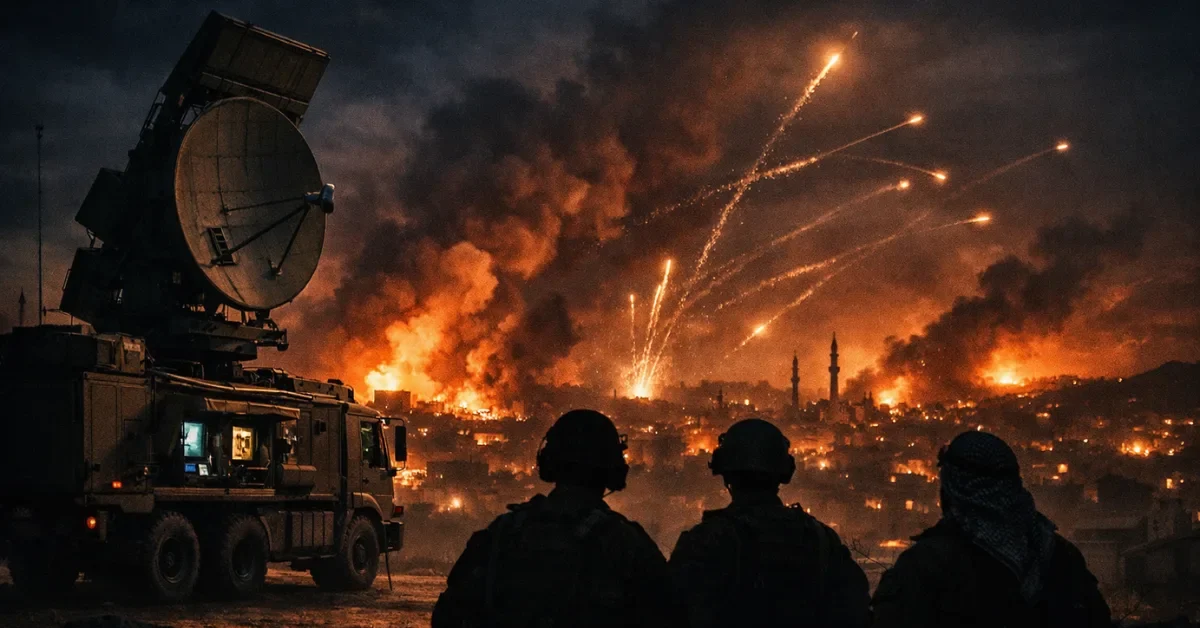 A nighttime wide shot of a Middle Eastern cityscape with distant anti-aircraft fire and smoke, as silhouetted military personnel monitor a radar unit in the foreground.