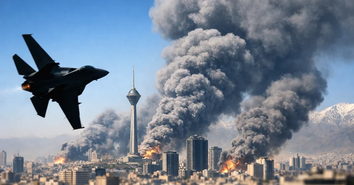 Plumes of thick smoke rising over the Tehran skyline during daytime military airstrikes.