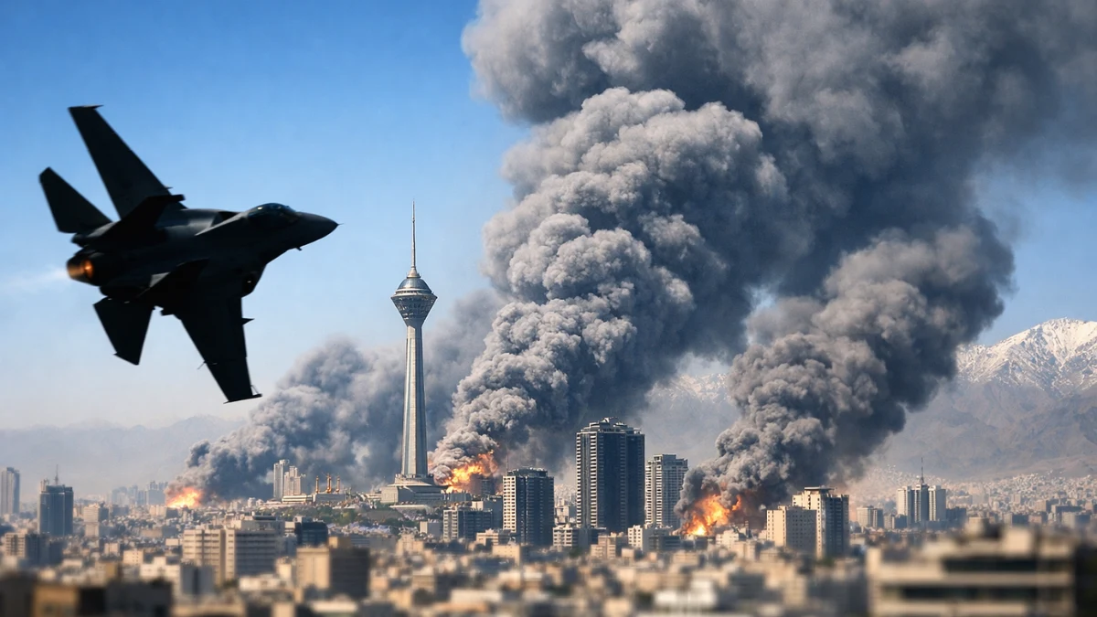 Plumes of thick smoke rising over the Tehran skyline during daytime military airstrikes.