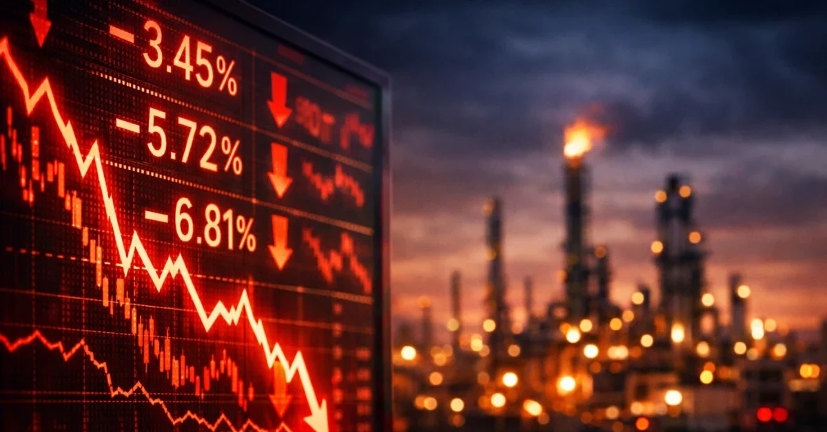A digital stock market board displaying red downward trends overlaid against a blurred background of an oil refinery at dusk.
