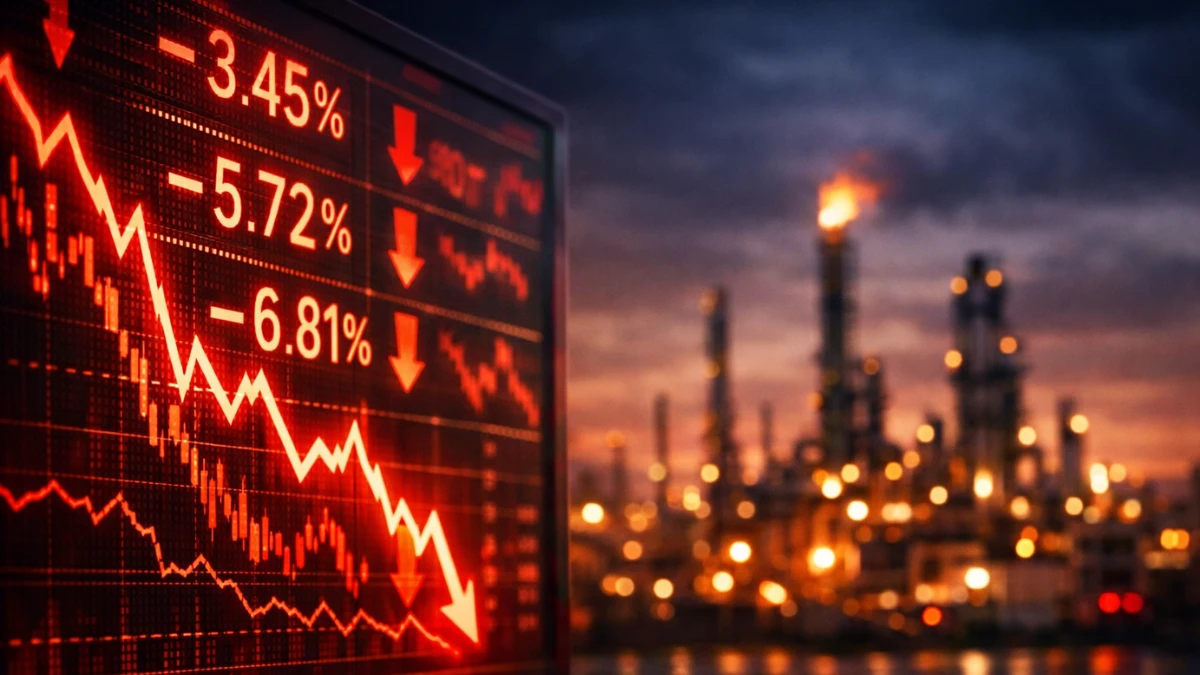 A digital stock market board displaying red downward trends overlaid against a blurred background of an oil refinery at dusk.