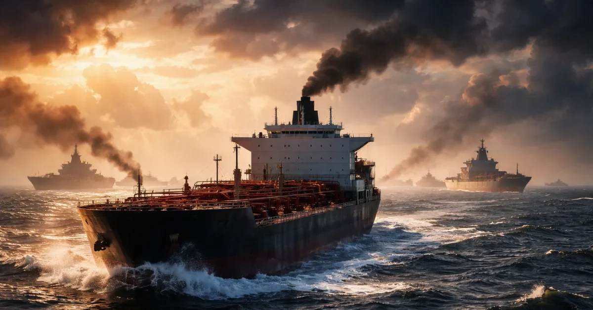 A large oil tanker navigates through smoky, tense waters near the Middle East as distant military vessels patrol the horizon.