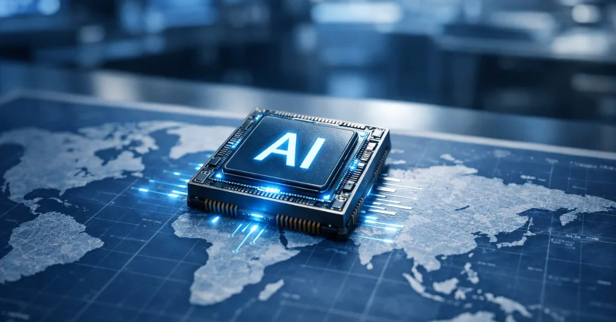 A glowing advanced artificial intelligence microchip resting on a blurred blueprint of a world map in a modern technology laboratory.