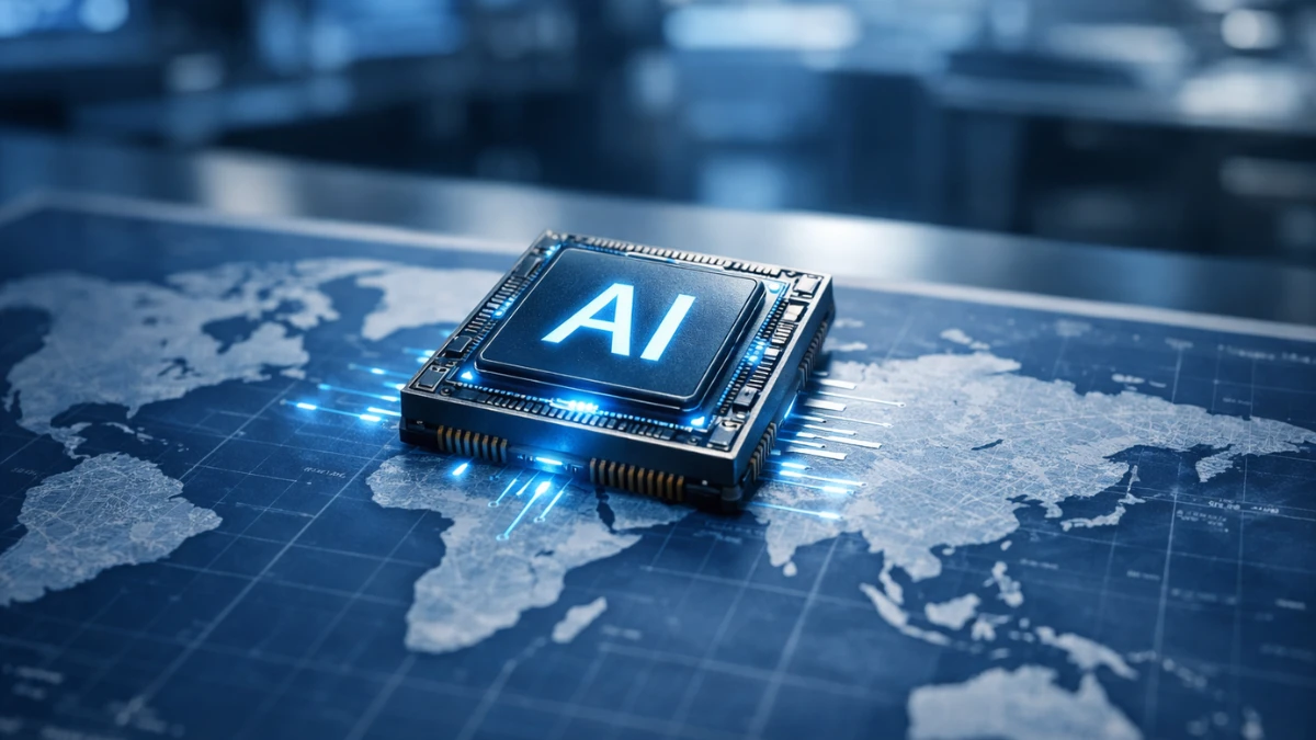 A glowing advanced artificial intelligence microchip resting on a blurred blueprint of a world map in a modern technology laboratory.