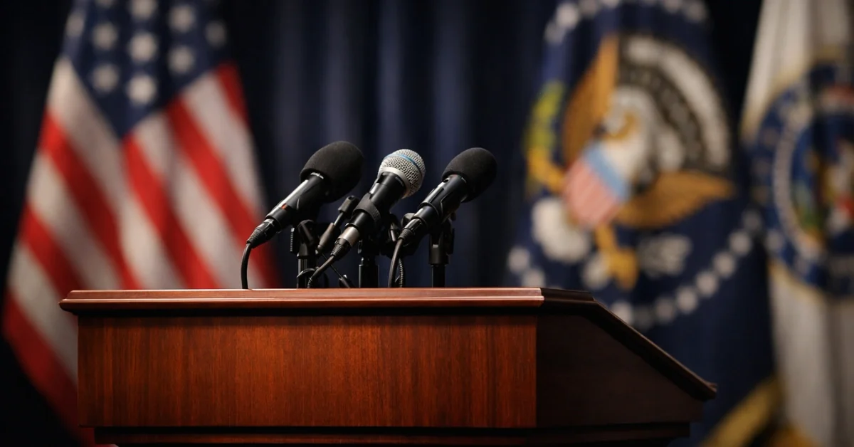 A formal political press conference setting with a wooden podium, microphones, and blurred United States flags in the background.