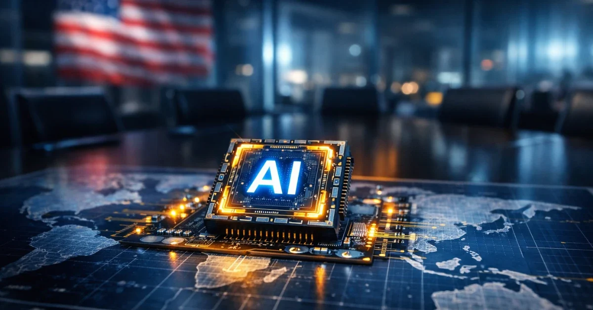 A glowing artificial intelligence microchip on a global map blueprint, representing U.S. semiconductor export controls.