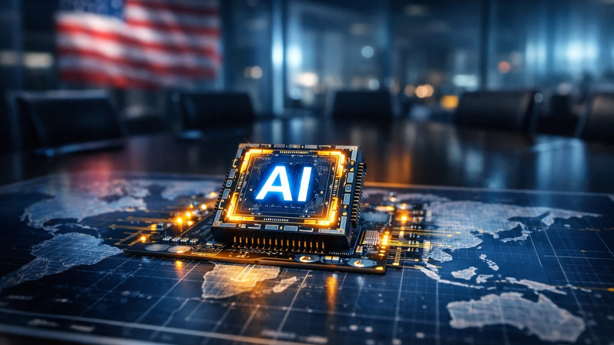 A glowing artificial intelligence microchip on a global map blueprint, representing U.S. semiconductor export controls.