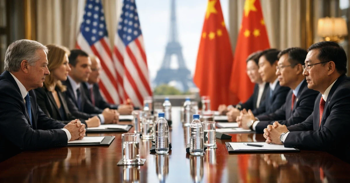 American and Chinese trade delegations seated at a long conference table during diplomatic discussions in Paris.