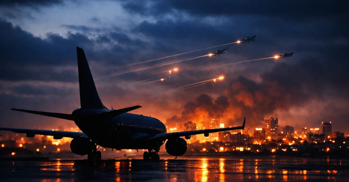 A grounded commercial airplane sits on an empty tarmac at dusk with a softly glowing city skyline in the background, representing the suspension of Middle East flights amidst regional conflict.