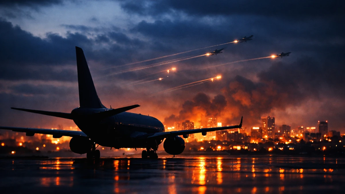 A grounded commercial airplane sits on an empty tarmac at dusk with a softly glowing city skyline in the background, representing the suspension of Middle East flights amidst regional conflict.