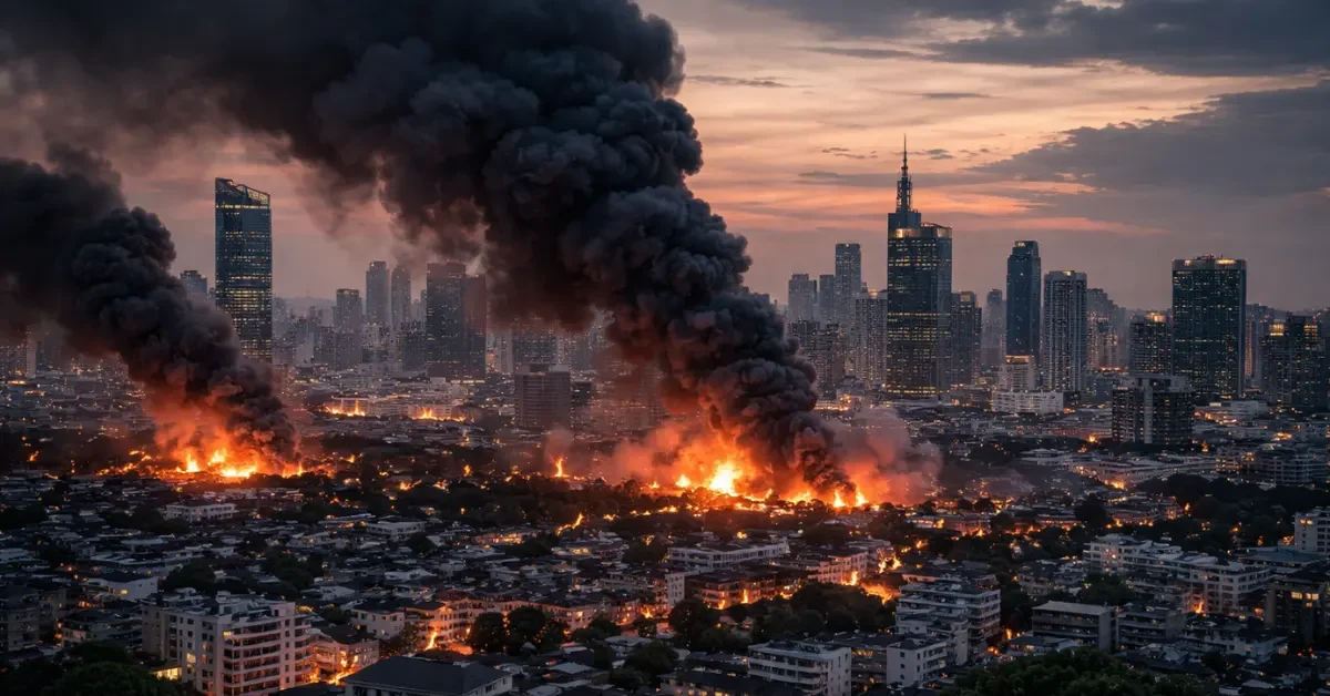 Dark smoke rising over the dense urban skyline of Beirut following recent airstrikes during dusk.