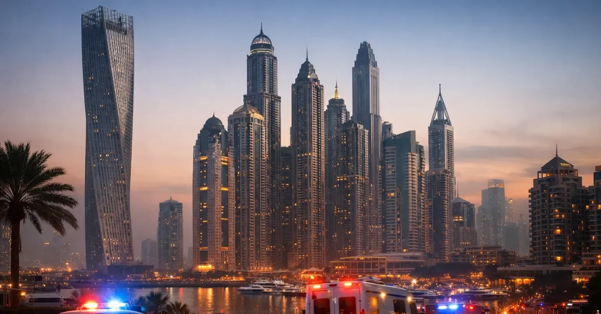 Wide news-style view of Dubai Marina skyline at dusk with emergency lights visible near a high-rise building