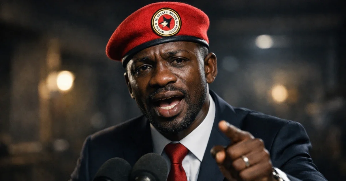 A Ugandan political opposition leader in a suit and red beret speaks passionately into a microphone in a dimly lit, undisclosed room.