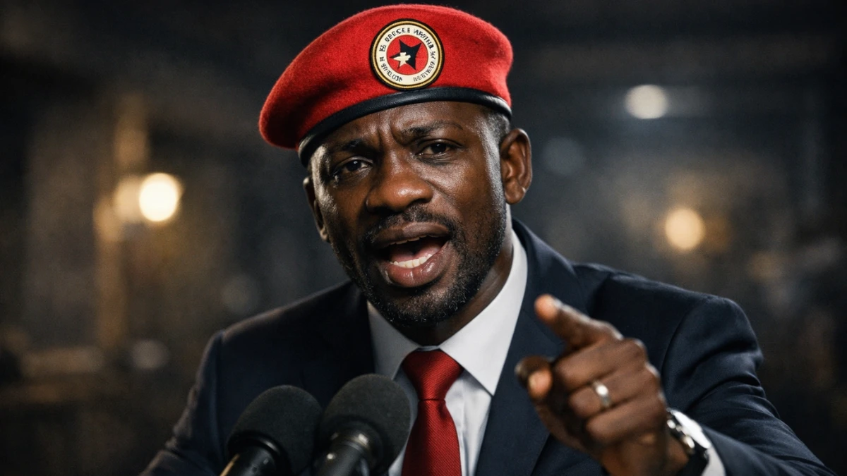 A Ugandan political opposition leader in a suit and red beret speaks passionately into a microphone in a dimly lit, undisclosed room.