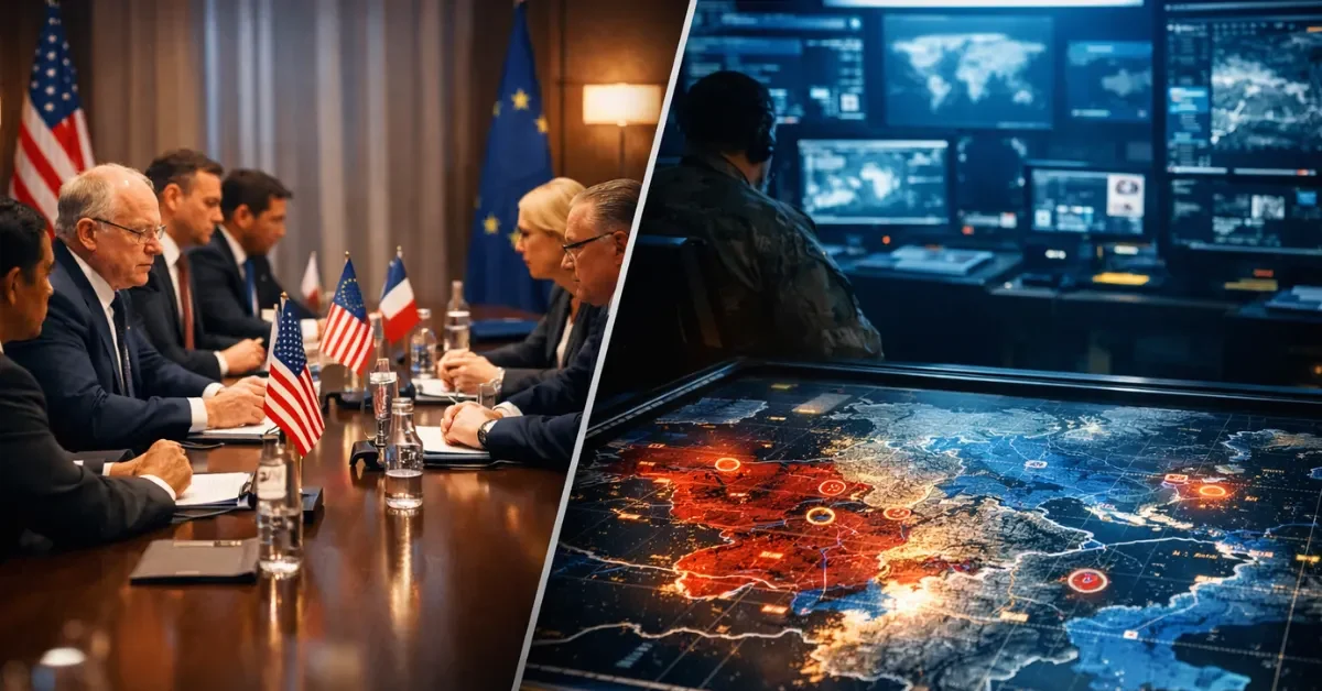 A split scene showing diplomats at a formal negotiation table alongside a glowing strategic military command center map.