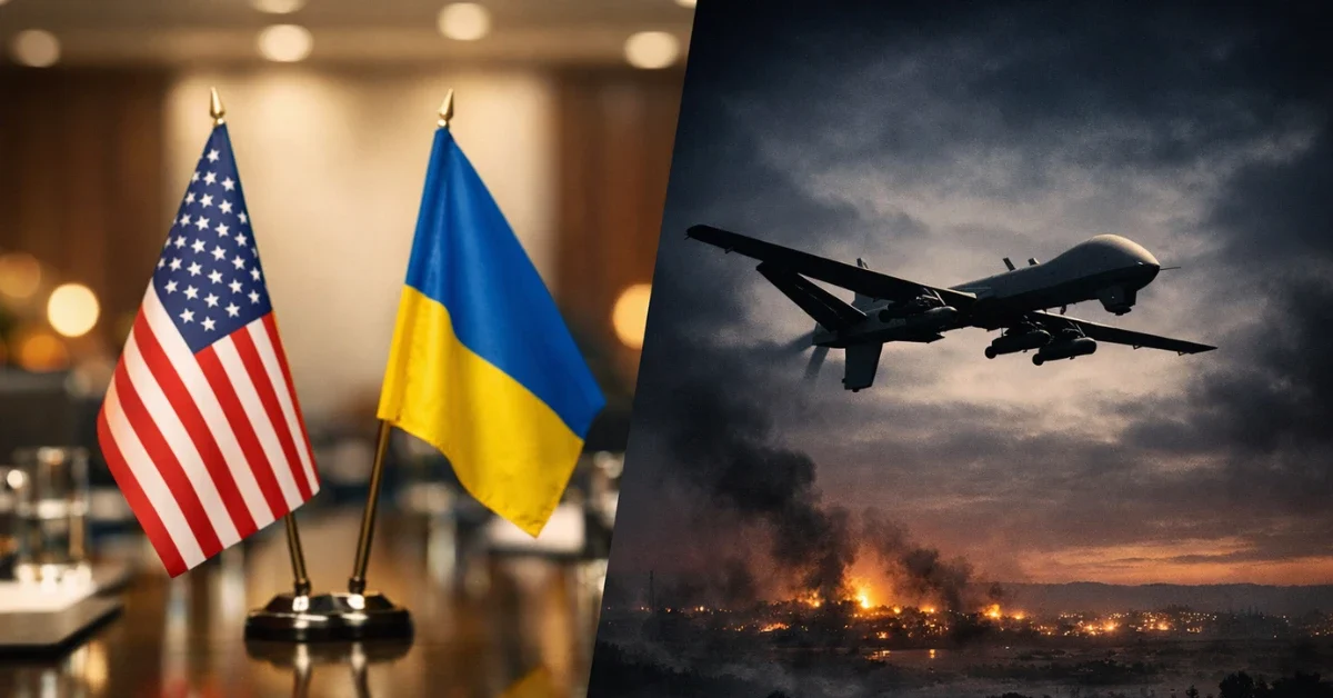 Split composition showing US and Ukrainian diplomatic flags in a boardroom alongside a subtle drone silhouette over a dark landscape.