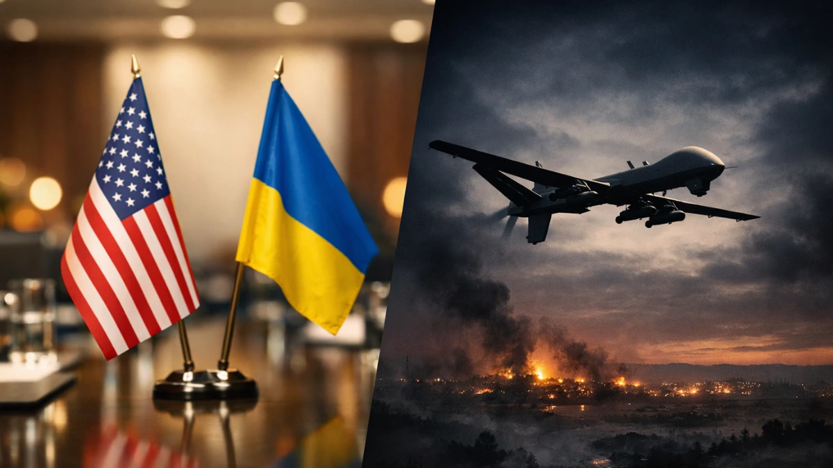 Split composition showing US and Ukrainian diplomatic flags in a boardroom alongside a subtle drone silhouette over a dark landscape.
