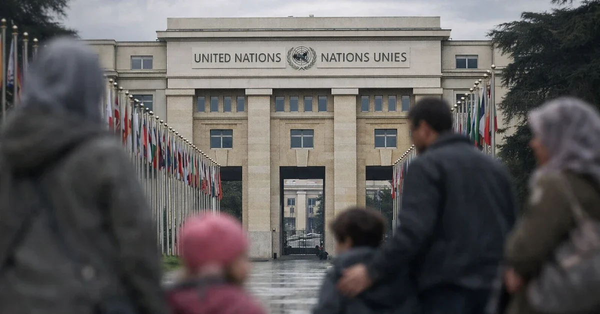 Exterior view of the United Nations offices in Geneva with blurred adults and children in the foreground in a solemn news-style scene.