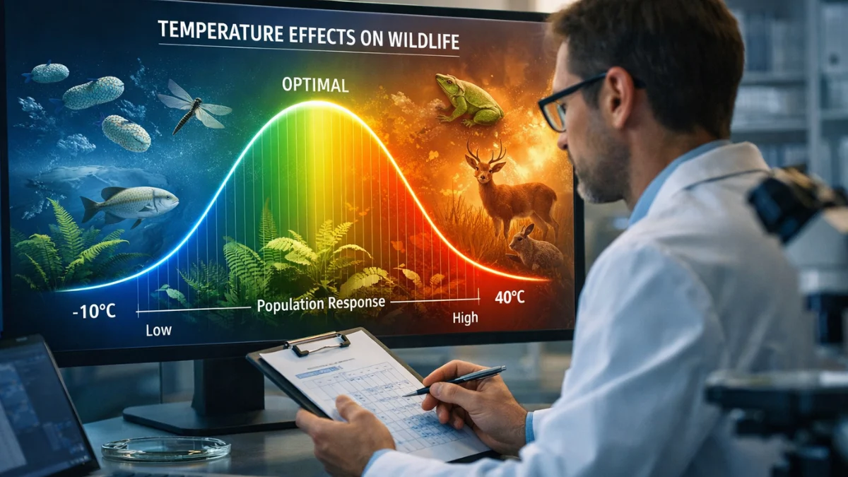 Research-themed header image showing a scientist examining temperature-response data with visual representations of multiple forms of life and a curved heat-performance graphic.