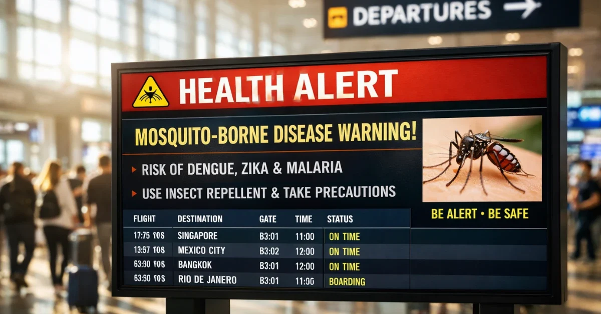 A digital health alert display board inside a busy international airport terminal warning travelers about mosquito-borne diseases.