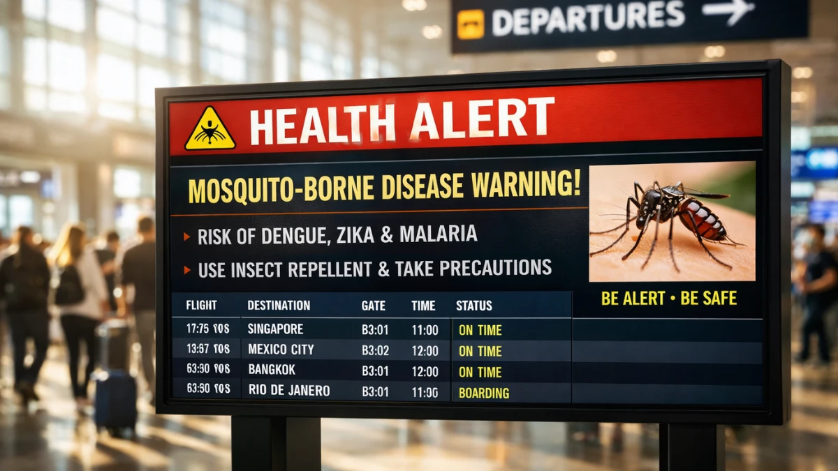 A digital health alert display board inside a busy international airport terminal warning travelers about mosquito-borne diseases.
